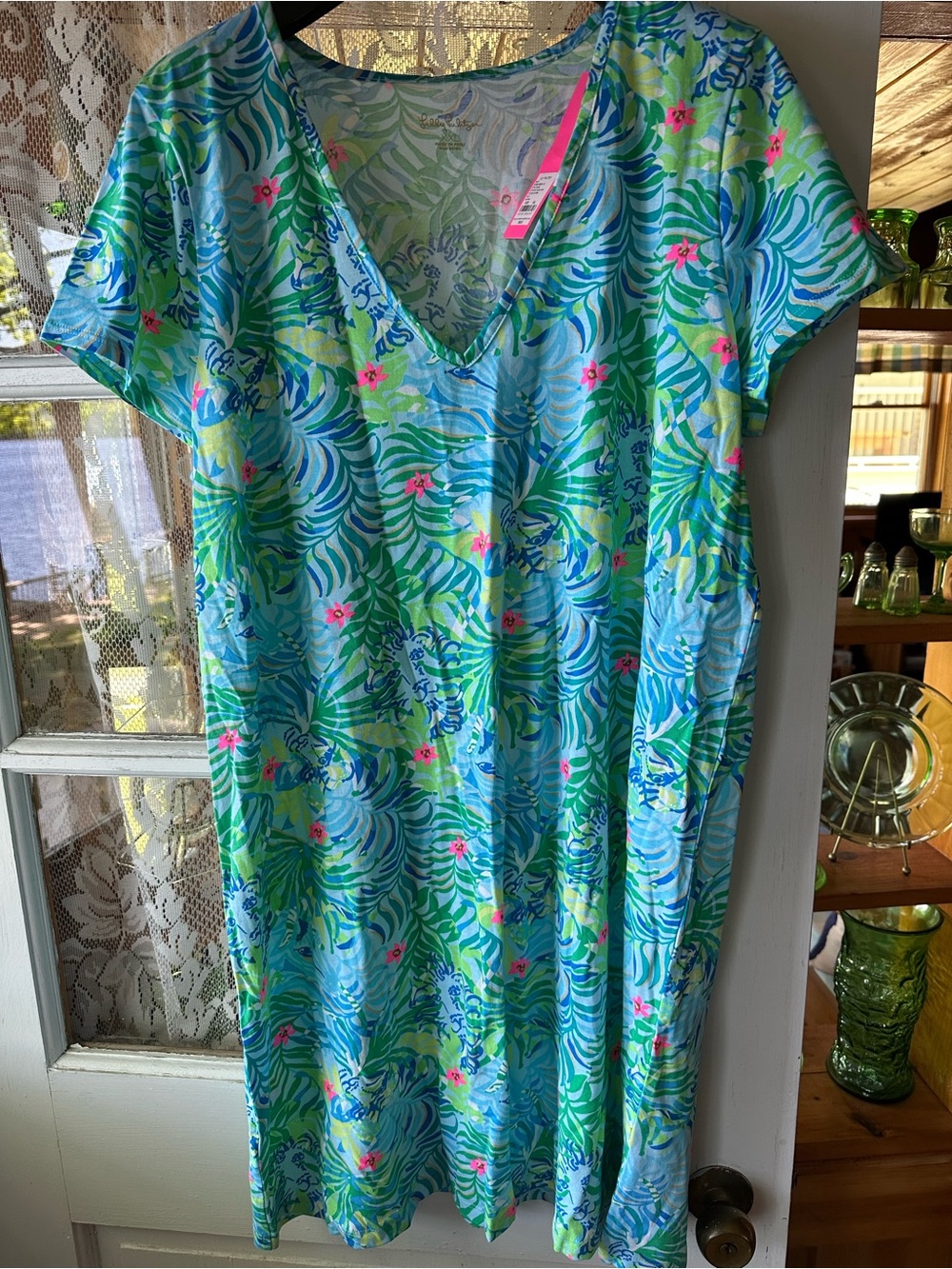 Lilly Pulitzer Blue, Green & Pink Tropical V-Neck Dress